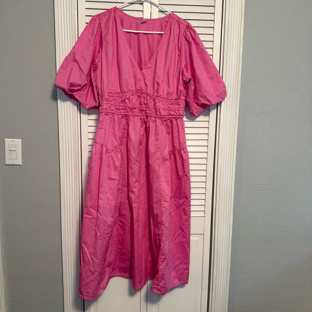 NWOT Old Navy 100% Cotton Midi Dress Size L Pink Waist-Defined Puff-Sleeve